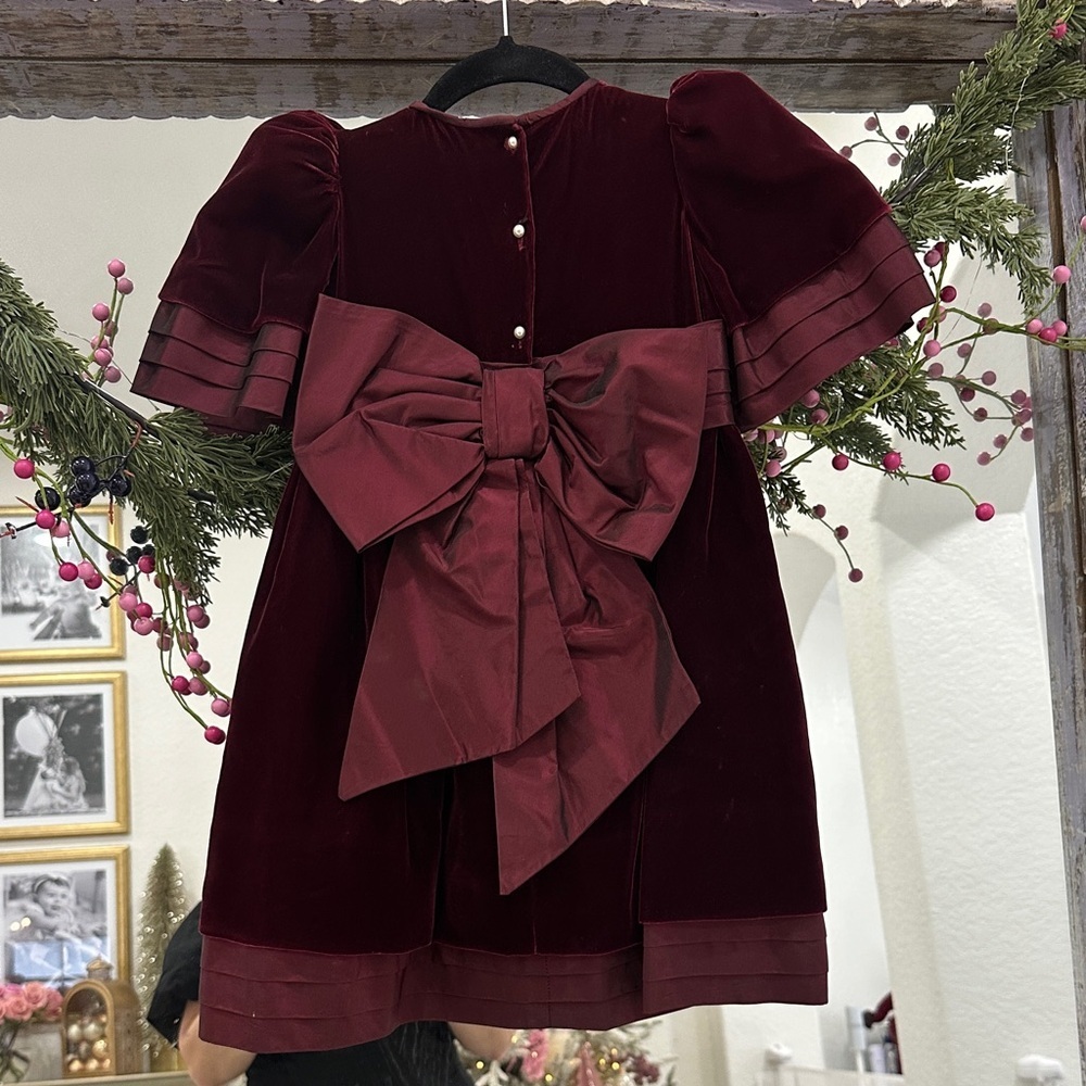 Silk Velvet and silk Organza Burgundy Holiday Dress with Puff Sleeves - Picture 4 of 6